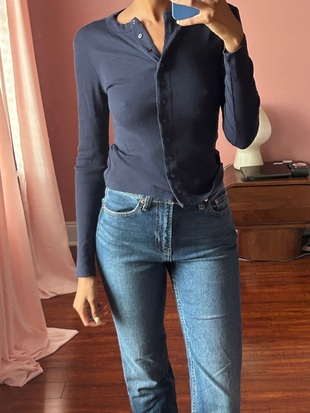 Reformation Navy Ribbed Button-Front Long Sleeve Top